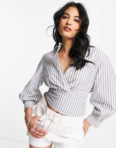 River Island River Island shirred waist tie front shirt in light blue