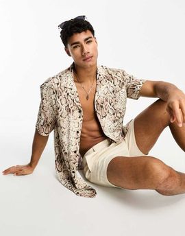River Island River Island short sleeve snake print camp collar shirt in beige-Neutral