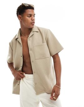 River Island River Island short sleeve textured shirt in medium stone - part of a set-Neutral