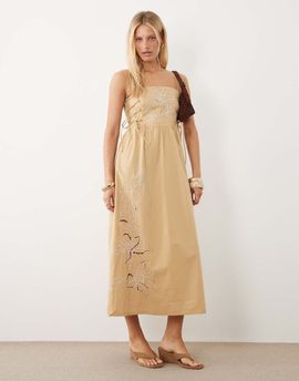 River Island River Island tie side floral embroidered midi dress in stone-Neutral