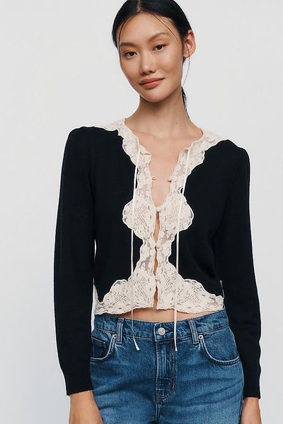 RIXO Tassia Cashmere Wool Lace Trimmed Cardigan