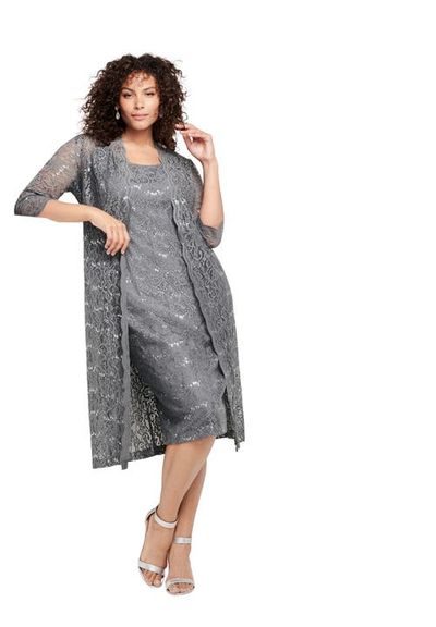 Roaman's Roaman's Extended Plus Size 3/4 Sleeve Formal Duster Sequin Embellished Lace Dress Set (plus)