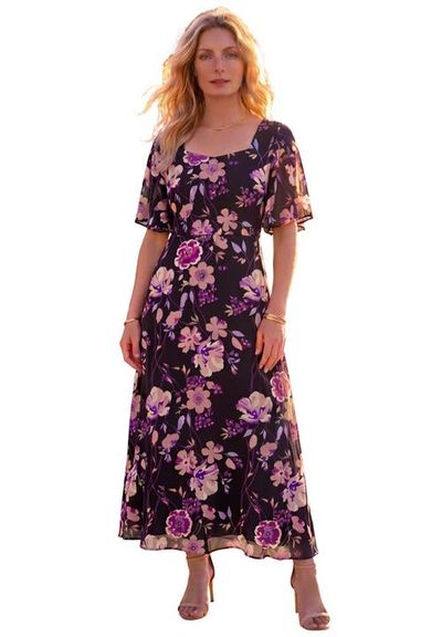 Roaman's Roaman's Hand Crinkled Flutter Sleeve Maxi Dress