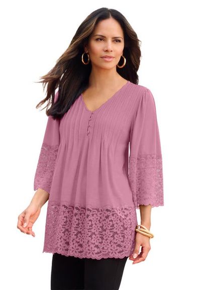 Roaman's Roaman's Lace-Hem Pintuck Tunic