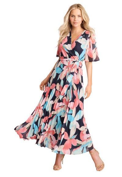 Roaman's Roaman's Pleated Faux Wrap Dress