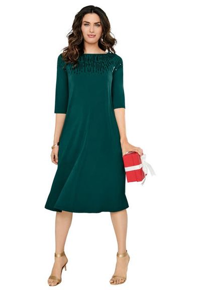 Roaman's Roaman's Plus Size 3/4 Sleeve Embellished Boatneck Dress