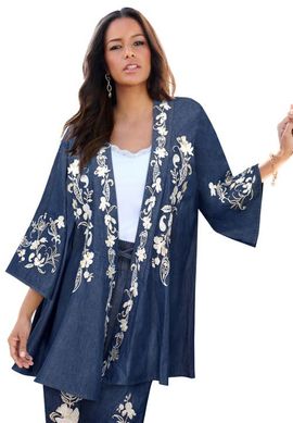 Roaman's Roaman's Plus Size Chambray Embroidered Wrap