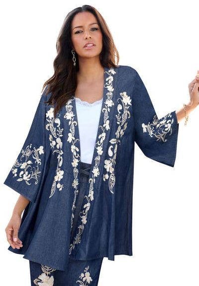 Roaman's Roaman's Plus Size Chambray Embroidered Wrap