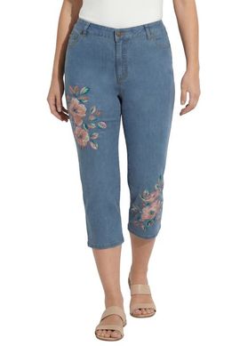 Roaman's Roaman's Plus Size Classic Stretch High Rise Embroidered Capri Jean