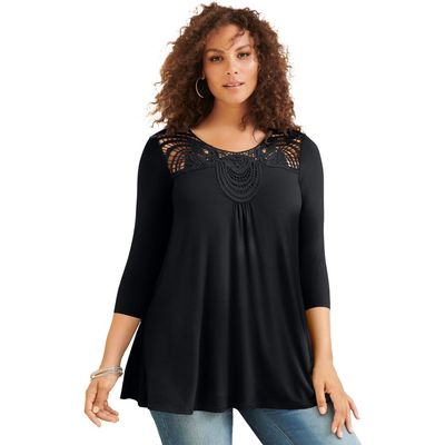 Roaman's Roaman's Plus Size Crochet Embellished Swing Ultra Femme Tee