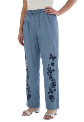 Roaman's Roaman's Plus Size Embroidered Pull On Wide Leg Chambray Pant