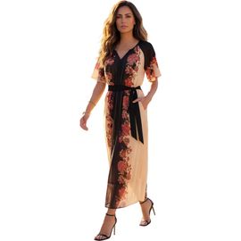 Roaman's Roaman's Plus Size Georgette Y Neck Tie Waist Printed Maxi Dress
