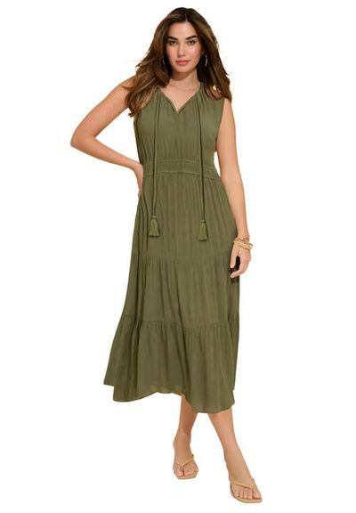 Roaman's Roaman's Plus Size Hand Crinkled Sleeveless Tiered Maxi Dress