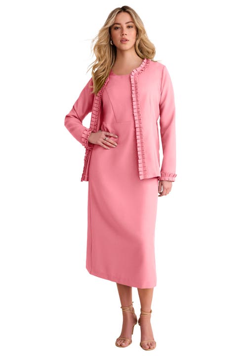 Roaman's Roaman's Plus Size Long Sleeve Pleated Jacket Dress Set Elegant 2 Piece Sheath Suit