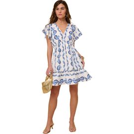 Roaman's Roaman's Plus Size Printed V Neck Ruffle Sleeve Mini Dress