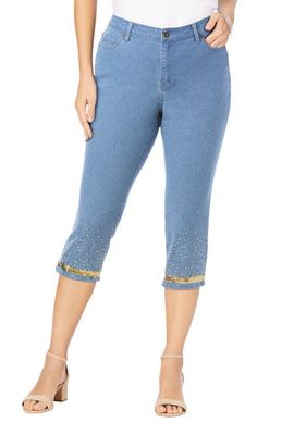 Roaman's Roaman's Plus Size Sequin Trim Straight Leg Capri Jean