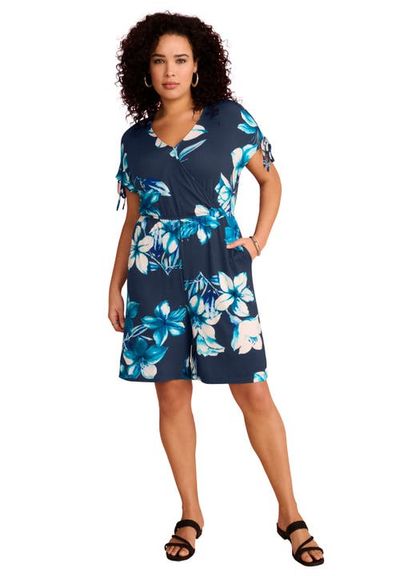 Roaman's Roaman's Plus Size Stretch Knit Faux Wrap Sleeve Romper