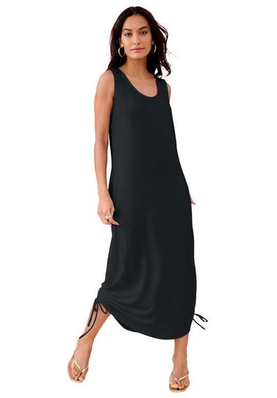Roaman's Roaman's Plus Size Stretch Knit Sleeveless Midi Dress With Ruched Hem Detail