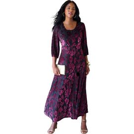 Roaman's Roaman's Plus Size Velvet 3/4 Sleeve Burnout Overlay Dress With Sheer Sleeves