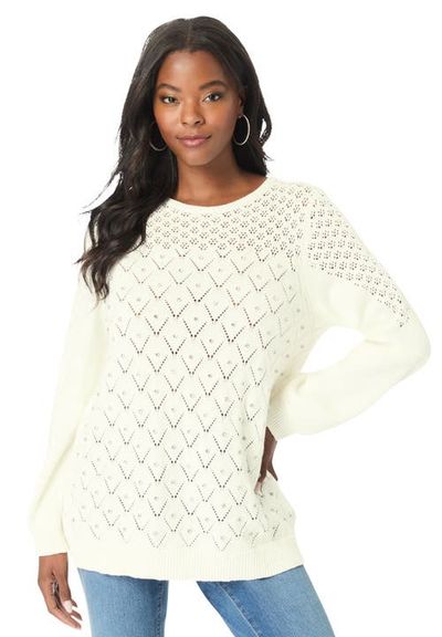 Roaman's Roaman's Rhinestone Pointelle Knit Sweater