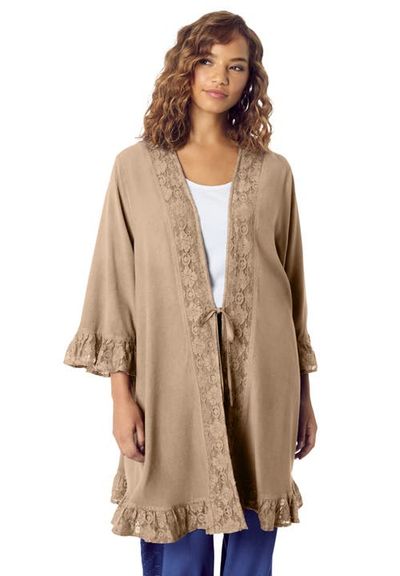 Roaman's Roaman's Ruffle Trimmed Acid Wash Wrap