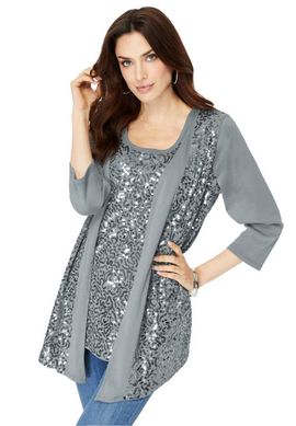 Roaman's Roaman's Sequin Panelled Tank & Cardigan Set (plus)