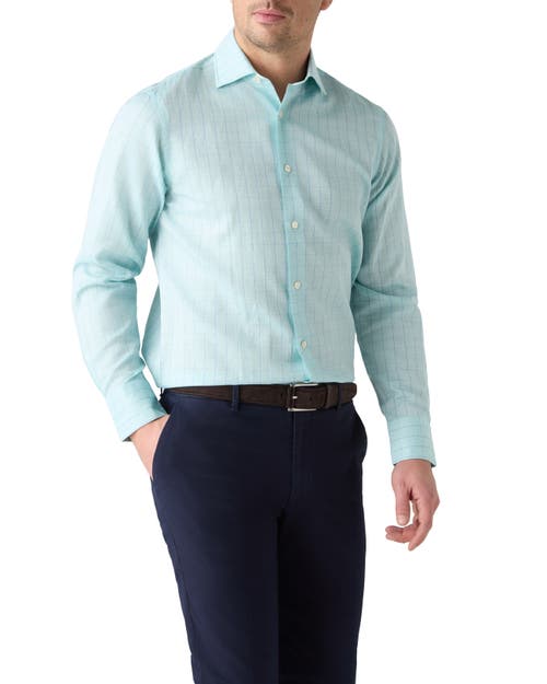 Robert Talbott Robert Talbott Reynolds Blue Windowpane Cotton Linen Blend Shirt