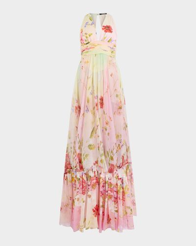 Roberto Cavalli Miami Flowers Print Plunging Silk Chiffon Gown