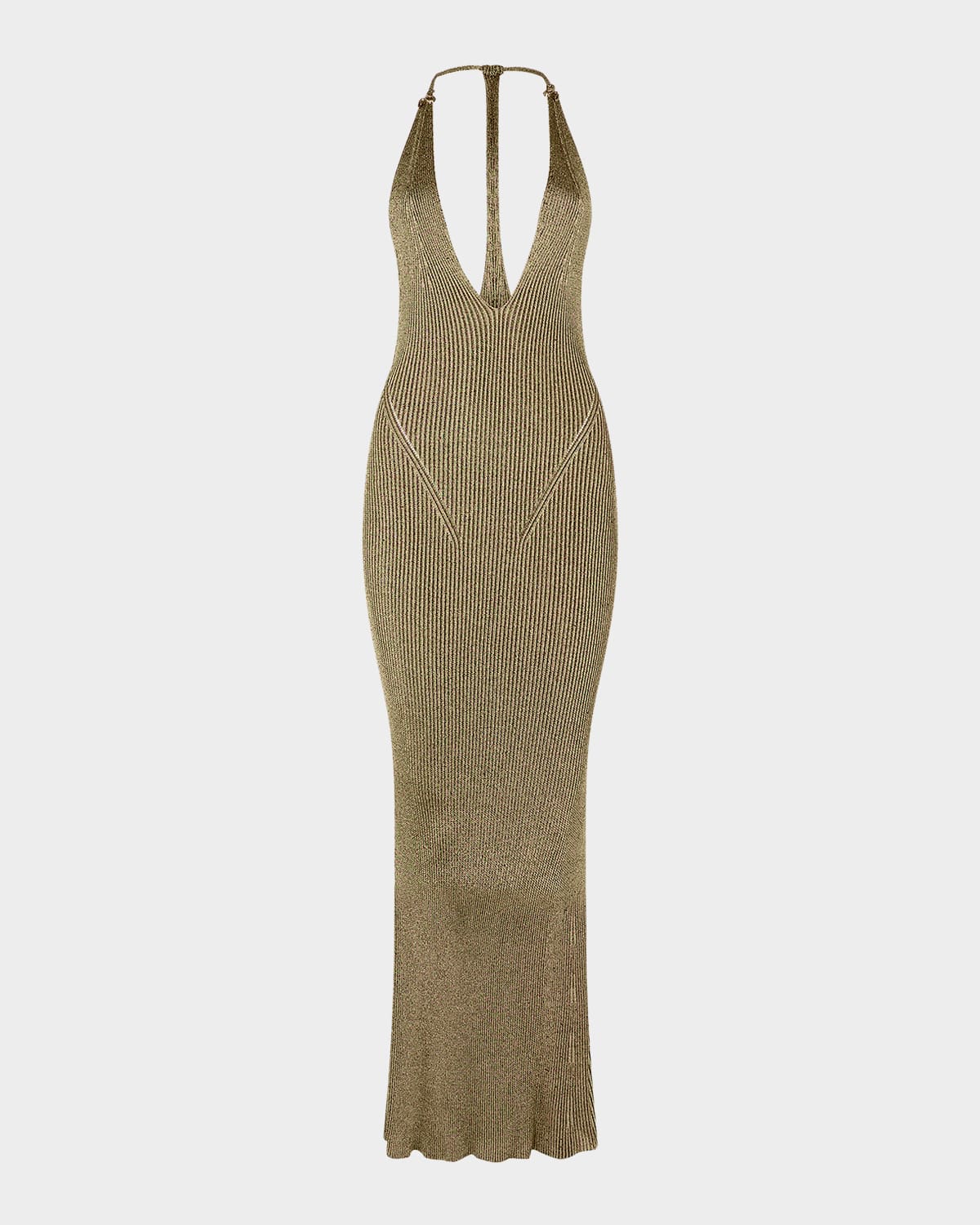 Roberto Cavalli Plunging Metallic Rib Knit Maxi Dress