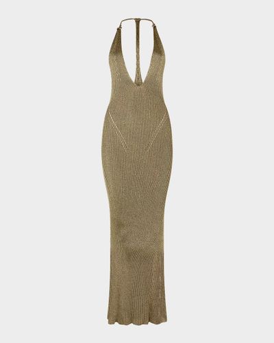 Roberto Cavalli Plunging Metallic Rib Knit Maxi Dress