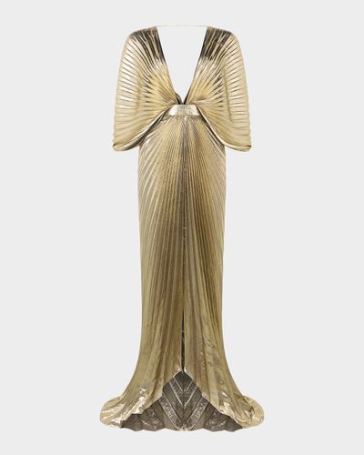Roberto Cavalli Plunging Pleated Lame Silk Backless Gown