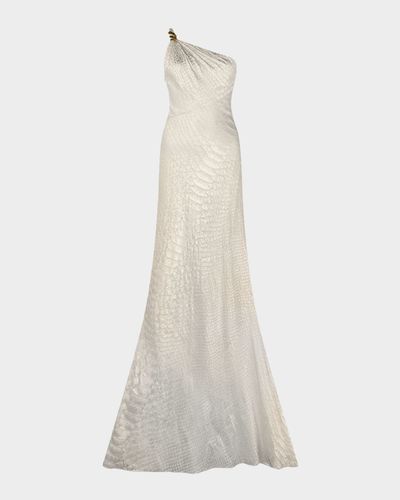 Roberto Cavalli Serpentine-Print Silk One-Shoulder Maxi Dress
