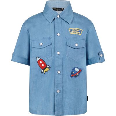 Rock Your Kid Rock Your Kid Kids' Space Appliqué Short Sleeve Cotton Chambray Snap-Up Shirt