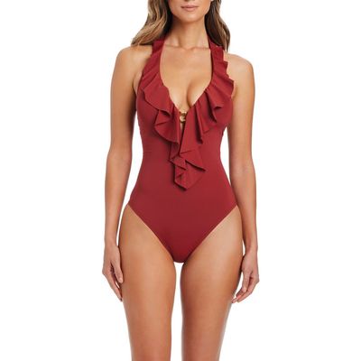 Rod Beattie Rod Beattie Ruffled Plunge Neck Halter One-Piece Swimsuit