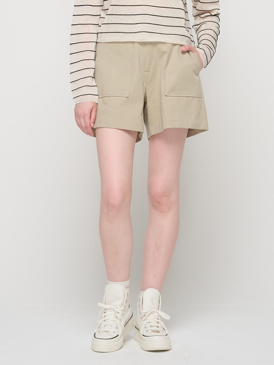 ROIDESROIS Big Pocket Banded Simple Cotton Shorts (Khaki)