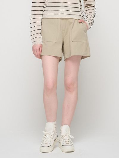 ROIDESROIS Big Pocket Banded Simple Cotton Shorts (Khaki)