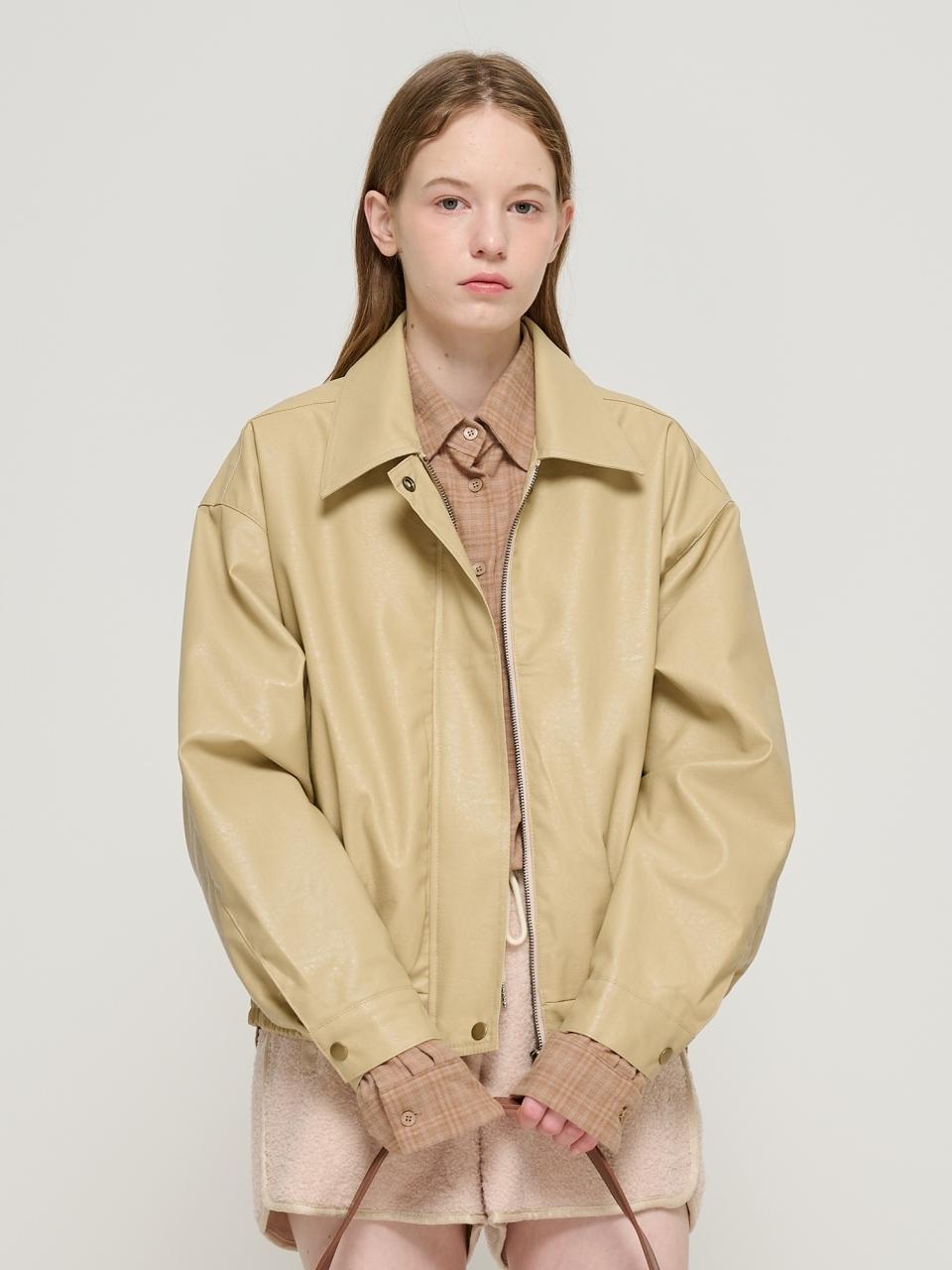 ROIDESROIS Blouson Eco Leather Zip-Up Jacket (Beige)