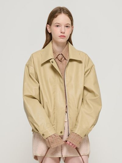 ROIDESROIS Blouson Eco Leather Zip-Up Jacket (Beige)