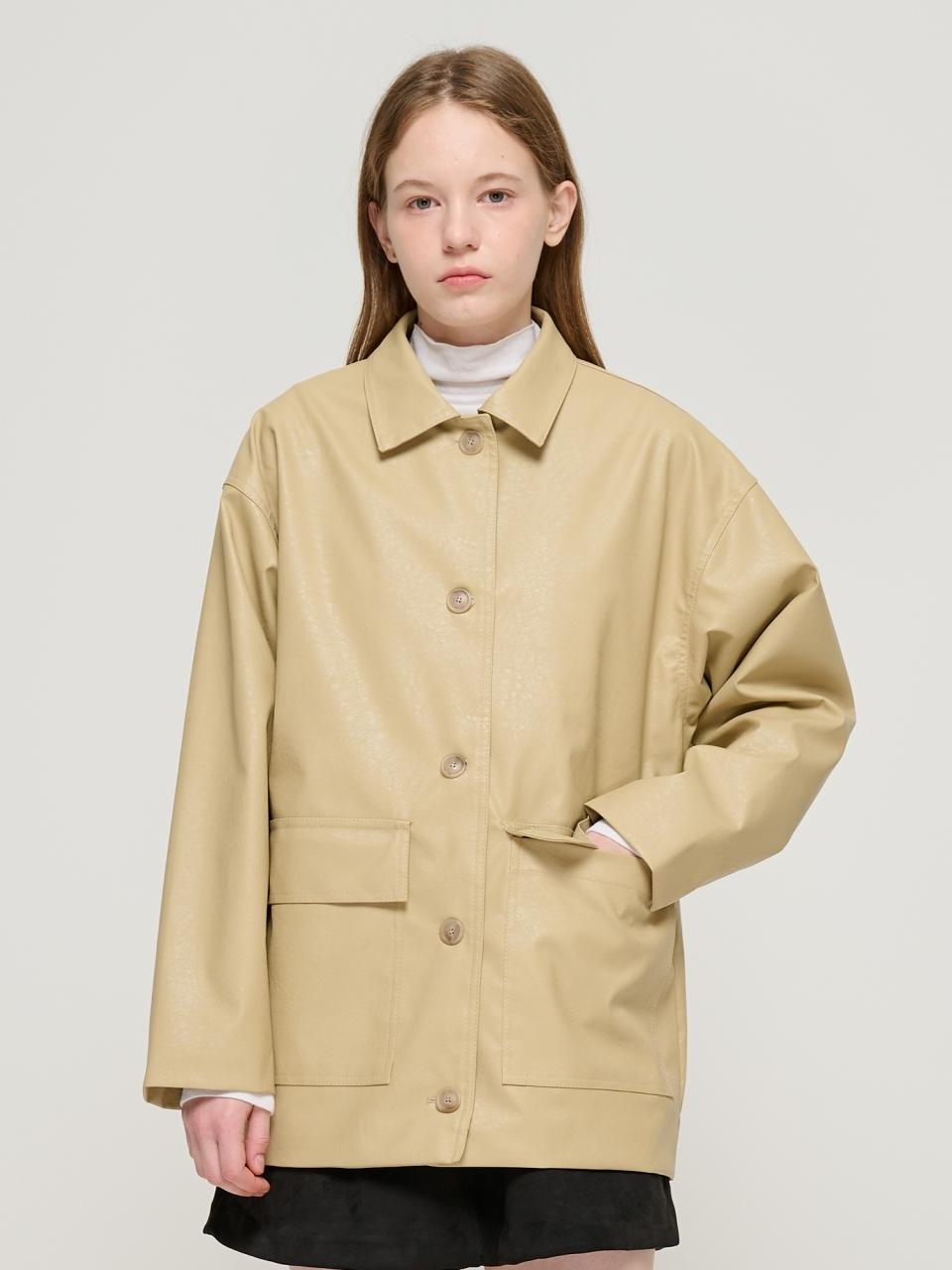 ROIDESROIS Leather Middle Over Coat Jacket (Beige)