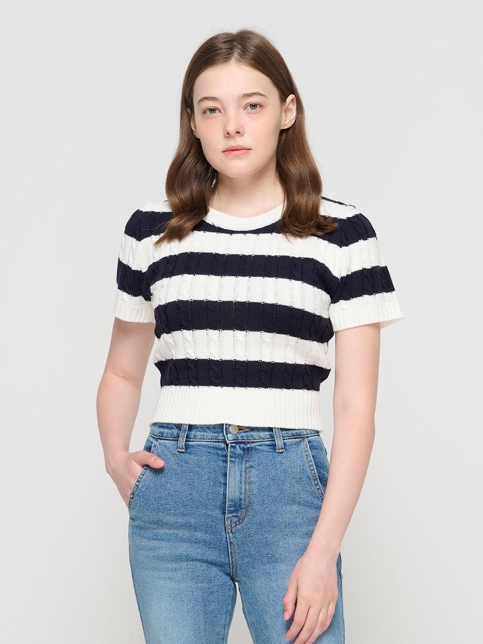 ROIDESROIS Twisted Pattern Cable Short-Sleeved Slim Knit (Nav