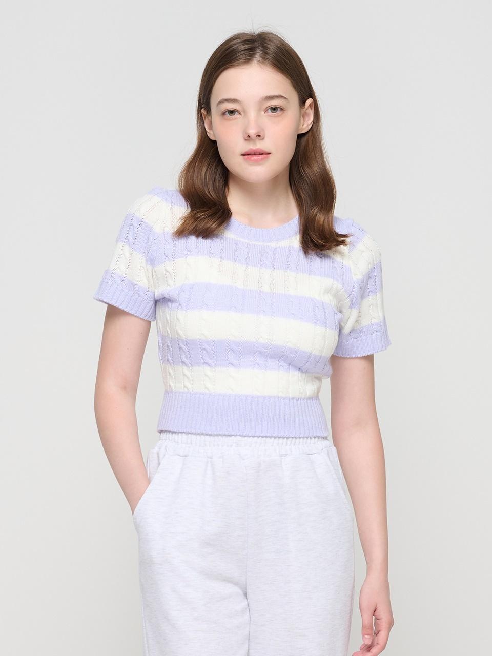 ROIDESROIS Twisted Pattern Cable Short-Sleeved Slim Knit (Pur