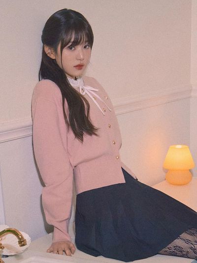 ROLAROLA Round Neck Balloon Sleeve Cardigan - Pink