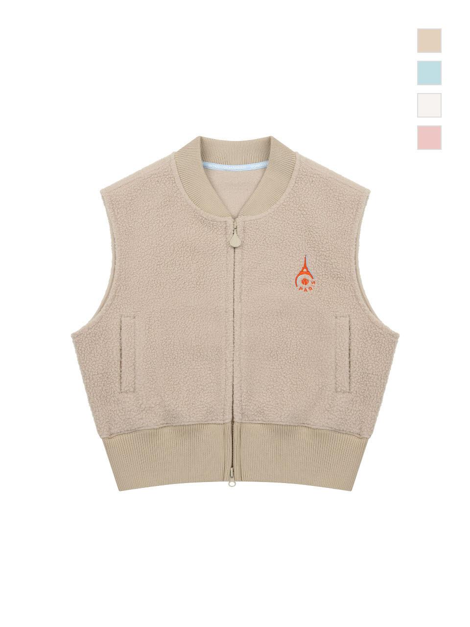 ROND&DEMARRER Patch Sherpa Two-Way Crop Vest [Beige]