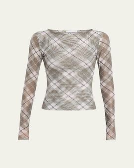 Ronny Kobo Flume Plaid-Print Mesh Top