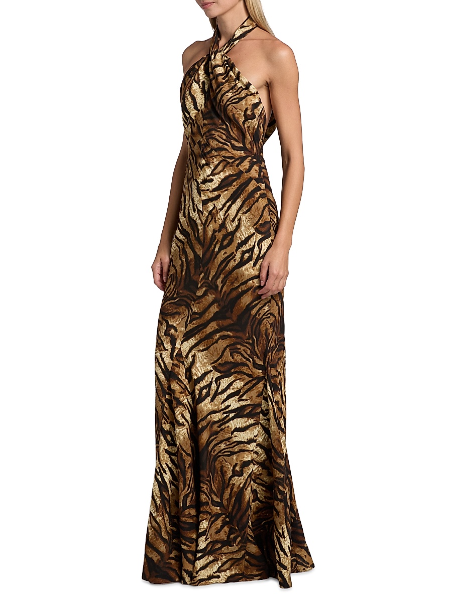 slim fit dress slacks Zebra line printed halter neck maxi dress main image 1