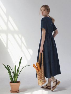 ROOMPACKER Carney Back Button Denim Dress [dark blue] ([RR])