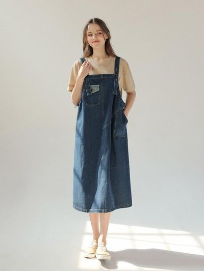 ROOMPACKER Fray Cut Denim Overall Dress