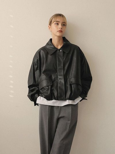 ROOMPACKER Noid Elastic Banding Hem Leather Jacket