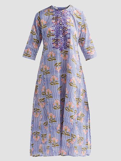 Ro's Garden Women's Kurta Floral Striped Cotton Midi Dress