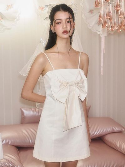 Rosefrantz Big Ribbon Polyester Cotton Mini Dress [Cream]